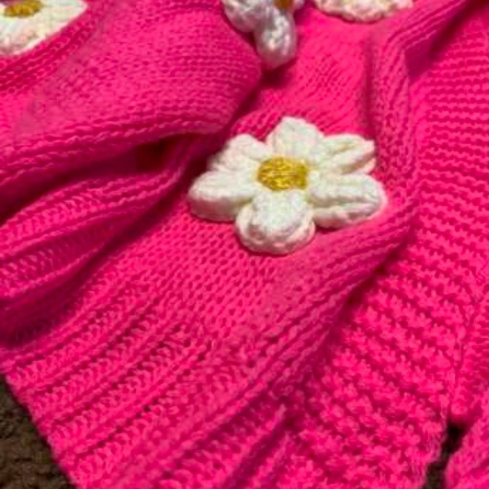 Hot Pink Floral Bishop Sleeved Sweater Cardigan - Picture 6 of 8